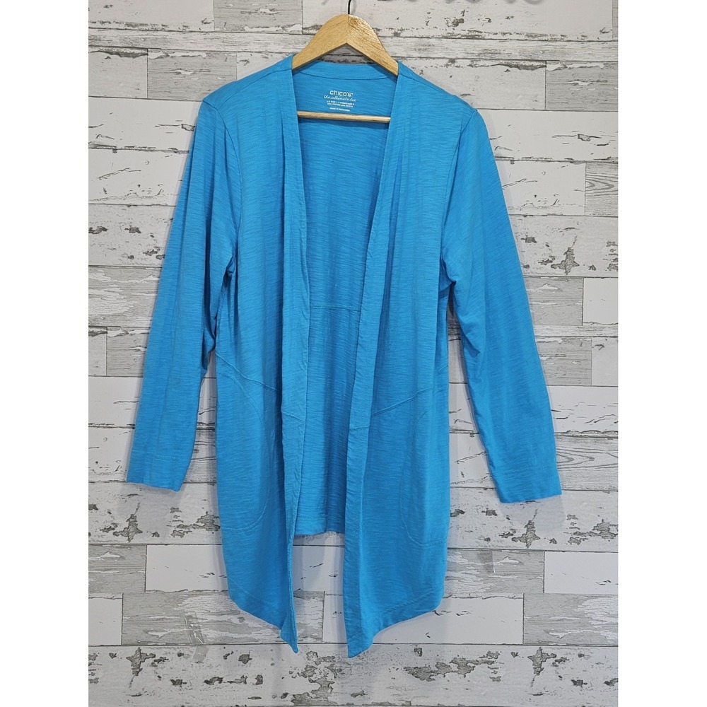 Chicos The Ultimate Tee Cardigan Blue Open Front Slub Knit Pockets Size 2 Large